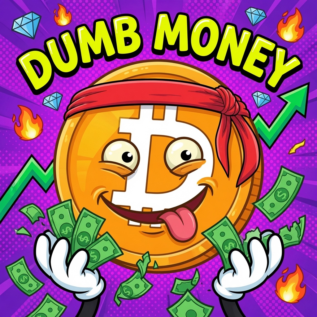 Dumb Money mascot — a smiling Bitcoin coin with a red headband, holding cash